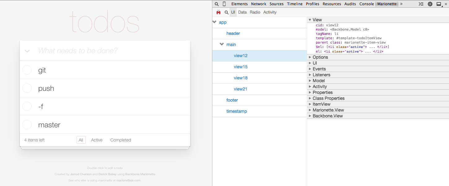 Marionette Inspector tab active in the Google Chrome browser examining a TodoMVC application